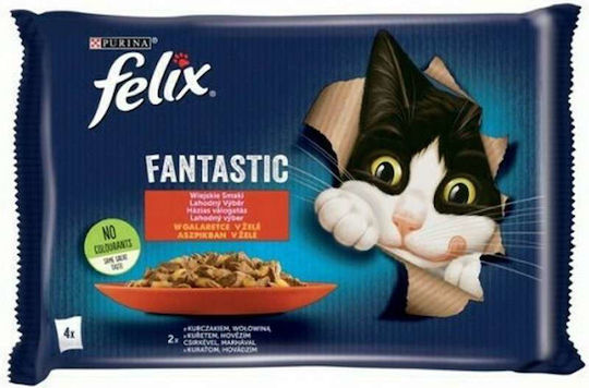 Felix Wet Cat Food for Adult Cats in Pouches with Beef and Chicken 4x85gr