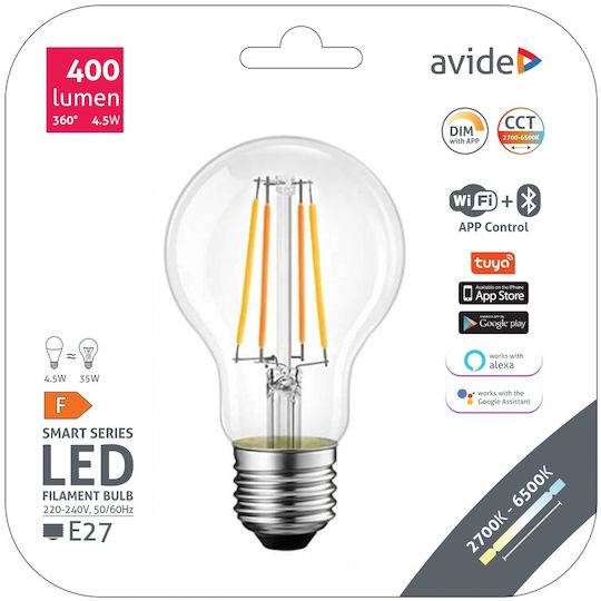 Avide ASF27CCT-4.5W-WIBLE Smart Λάμπα LED 4.5W για Ντουί E27 και Σχήμα A60 Ρυθμιζόμενο Λευκό 400lm Dimmable