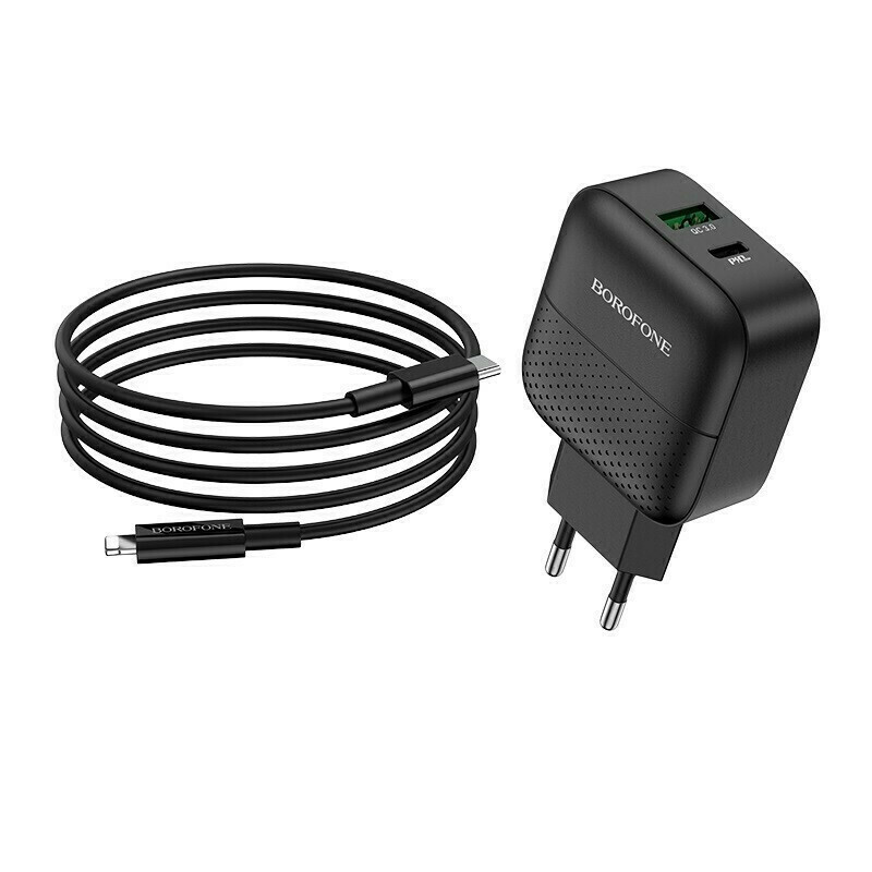 Borofone Φορτιστής με Θύρα USB-A και Θύρα USB-C και Καλώδιο Lightning ...