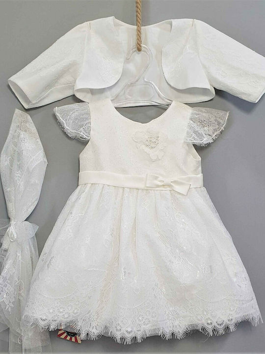 Carousel White Baptism Clothing Set with Hair Accessories , Cardigan & Dress made of Lace 3pcs