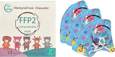 Tiexiong Filtering Half Disposable Protective Mask FFP2 NR BFE >95% Kids Light Blue with Little Sharks 20pcs