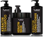 NX Beauty Professional Keratin Shampoo 1000ml, Keratin Mask 1000ml & Keratin Conditioner 1000ml Σετ Κερατίνης με Σαμπουάν και Μάσκα 3τμχ