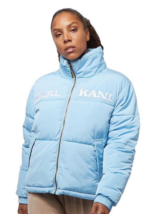Retro Reversible Women's Short Puffer Jacket Double Sided for Winter Light Blue