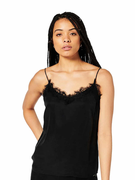 Studios Eyelash Women's Satin Lingerie Top with Lace Black