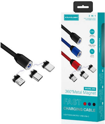 Magnetic USB to Lightning / Type-C / micro USB Cable Μαύρο 1m (X15)