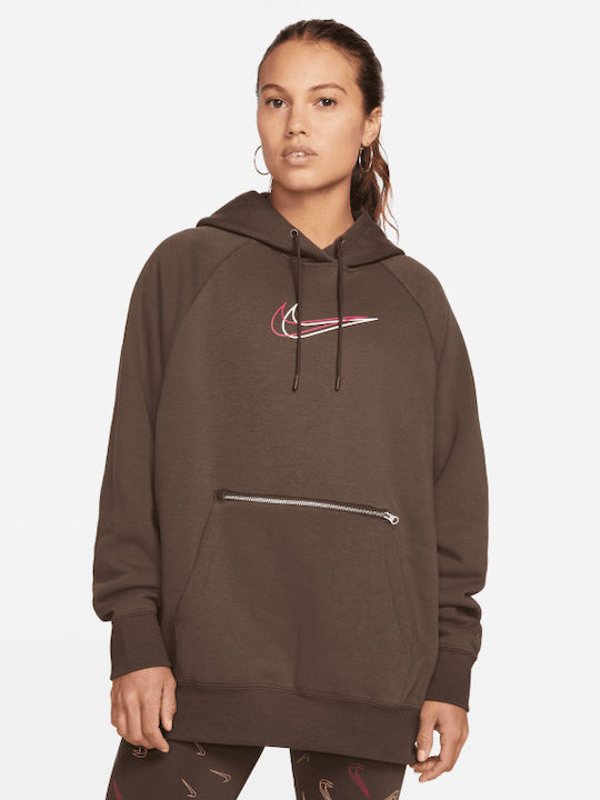Nike Sportswear Μακρύ Γυναικείο Φούτερ με Κουκούλα Baroque Brown
