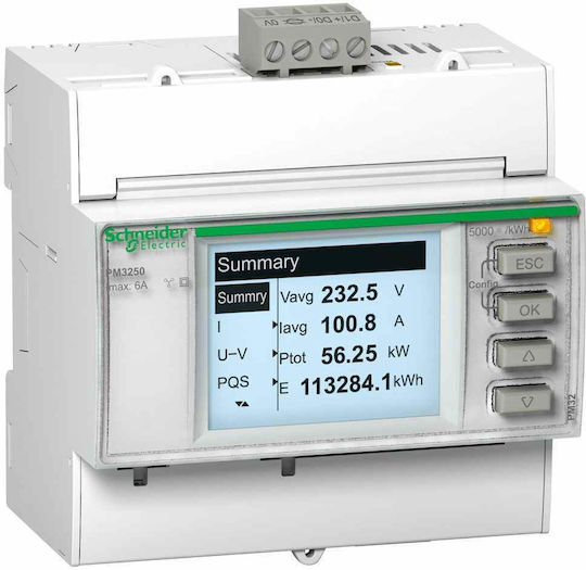 Schneider Electric PM3255 Αναλυτής Ενέργειας Ηλεκτρολογικού Πίνακα Ψηφιακό Ράγας Μονοφασικό Modbus METSEPM3255