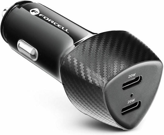Forcell Автомобилен Заряден Устройство 40W Бързо Зареждане с 2x USB-C Порта Черен Цвят