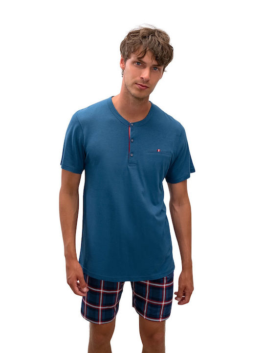 Vamp Men's Summer Cotton Checked Pajamas Set Blue