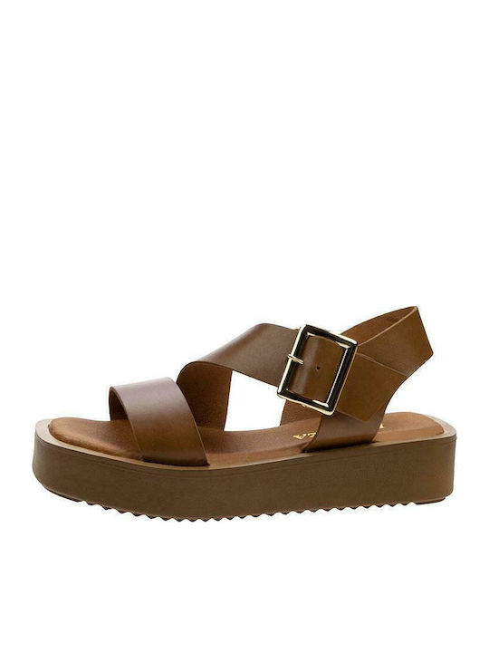 Leather Women's Flat Sandals Tabac Brown
