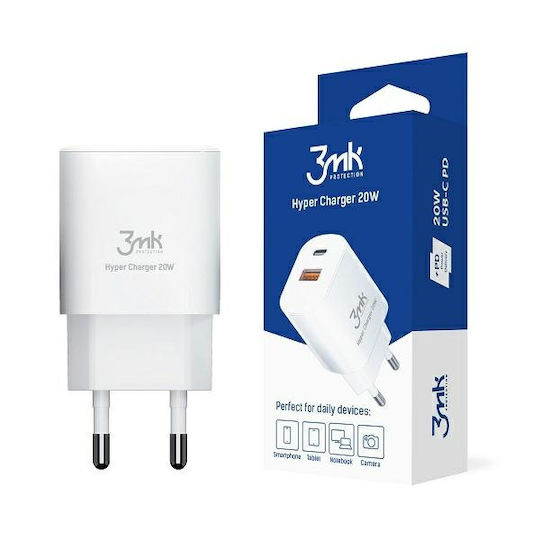 3MK Φορτιστής Χωρίς Καλώδιο με Θύρα USB-A και Θύρα USB-C 20W Power Delivery / Quick Charge 3.0 Λευκός (HyperCharger)