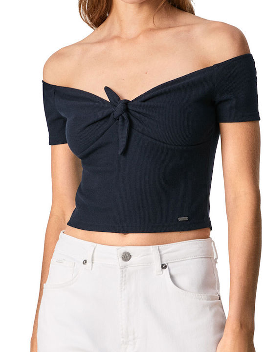 Pepe Jeans Damen Crop Top Schulterfrei Kurzarm Airforce Blue