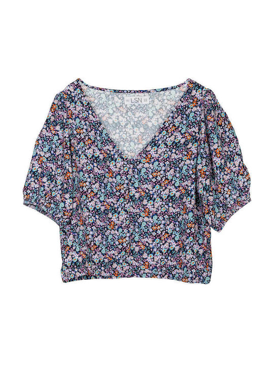 Losan Women's Summer Crop Top Short Sleeve with V Neck Floral Blue