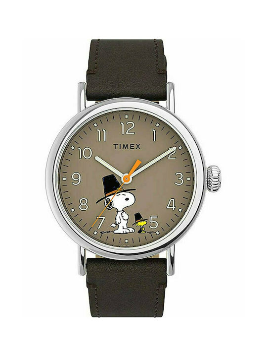 Timex Standard Peanuts Featuring Snoopy Thanksgiving Ρολόι Μπαταρίας με Δερμάτινο Λουράκι σε Μαύρο χρώμα