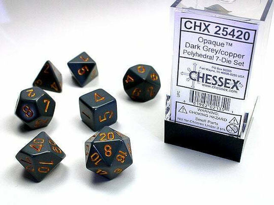 Chessex Dice Opaque Polyhedral 7-Die Sets Dark Grey with Copper 25420