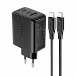 Acefast Încărcător cu Port USB-A și 2 Porturi USB-C și Cablu USB-C 65W Livrarea energiei / Încărcare rapidă 3.0 Negruς (A13)