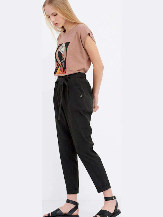 Women's High-waisted Fabric Capri Trousers with Elastic Regular Fit Black