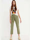 Funky Buddha Women's High-waisted Fabric Capri Trousers with Elastic in Regular Fit Cactus