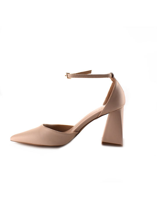 Pointed Toe Heels with Ankle Strap Beige