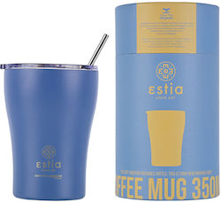 Estia Coffee Mug Save The Aegean Sticlă Termos Oțel inoxidabil Fără BPA albastru denim 350ml cu Paie