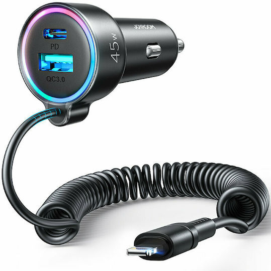 Joyroom Φορτιστής Αυτοκινήτου 45W με Θύρες: 1xUSB 1xType-C μαζί με Καλώδιο Lightning Μαύρος