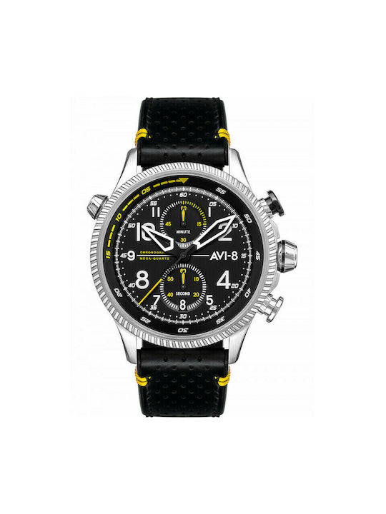 AVI-8 Halton Ρολόι Χρονογράφος Μπαταρίας με Δερμάτινο Λουράκι σε Μαύρο χρώμα