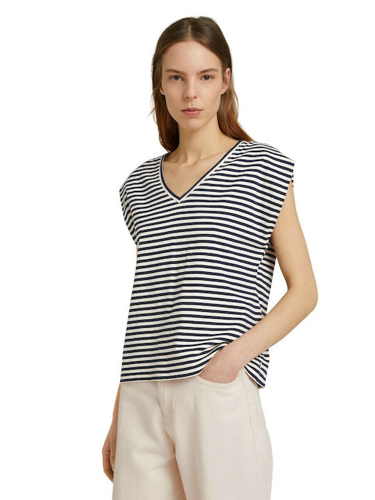 Tom Tailor Women's Summer Blouse Cotton Sleeveless with V Neckline Striped Navy Blue