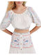 Γυναικείο Καλοκαιρινό Crop Top Λινό με Μανίκι 3/4 Λευκό