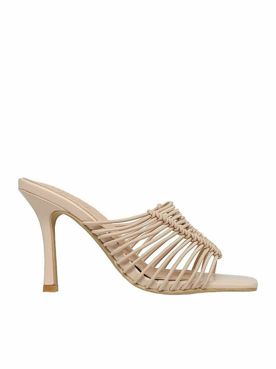 Leather Mules with Thin High Heel in Beige Color