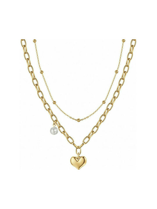 Luca Barra Halskette Doppelter mit Design Herz aus Vergoldet Stahl mit Perlen Frühling