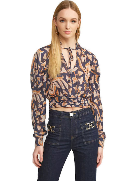 Women's Crop Top Long Sleeve with V Neckline Floral Navy Blue