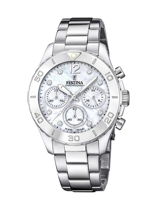 Festina Γυναικείο Ρολόι 39mm Χρονογράφος Μπαταρίας με Ασημί Μεταλλικό Μπρασελέ