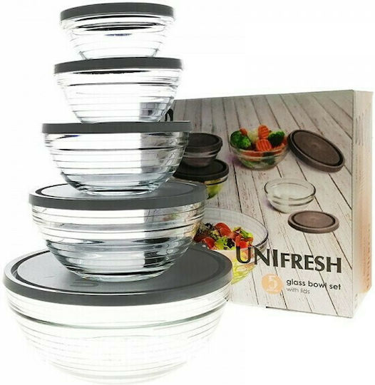 Uniglass Комплект Стъклени Кутии За Храна Сиви 5 Бройки