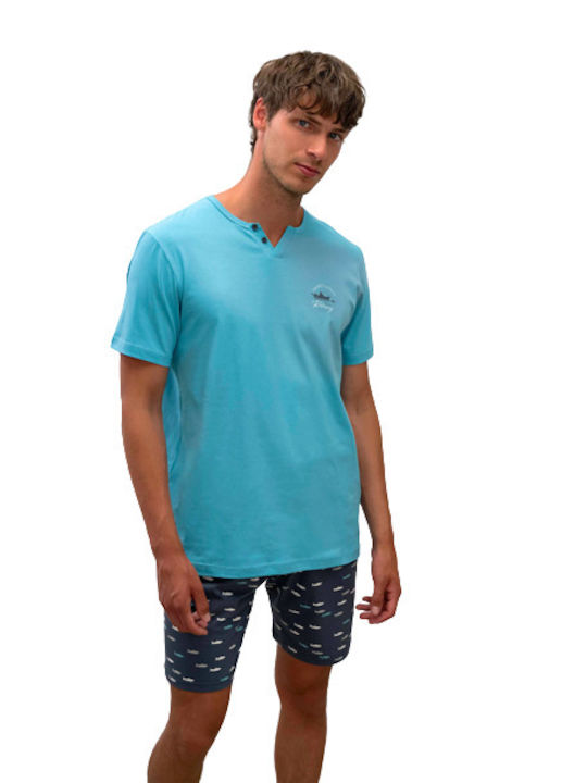 Vamp Men's Summer Cotton Pajamas Set Light Blue