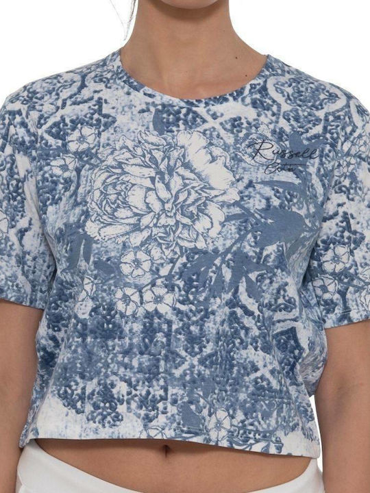 Russell Athletic Damen Sommerliches Crop Top Kurzärmelig Blumen Indigo