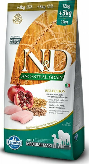 Farmina N&D Ancestral Grain Selection Medium & Maxi 15kg Dry Food with Few Grains for Adult Medium & Large Breed Dogs with Chicken and Pomegranate