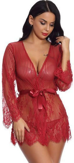 La Lolita Amsterdam Sexy Ρόμπα με Δαντέλα & Διαφάνεια Δαντελένιο See Through Νυχτικό με Σατέν Κορδέλα Κόκκινη