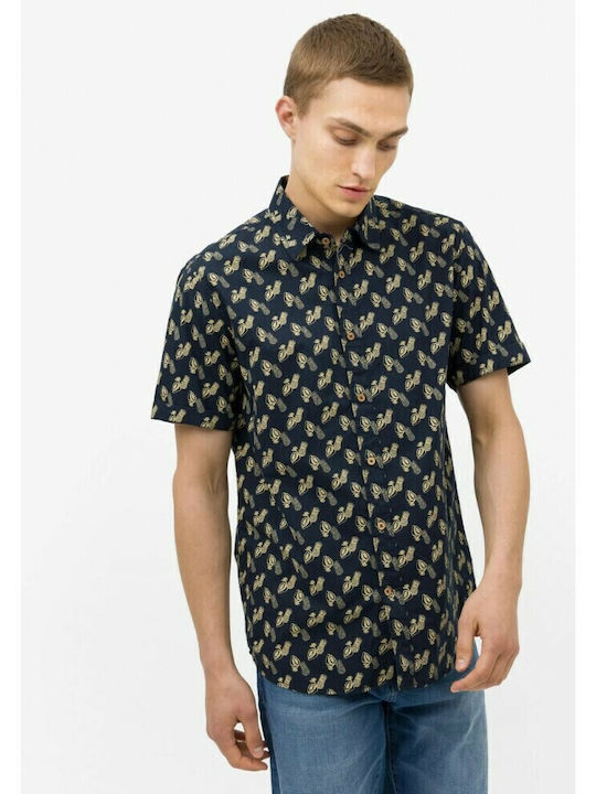 Short-sleeved Cotton Shirt Floral Navy Blue