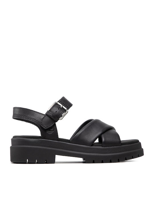 London Vibe Leather Women's Flat Sandals with Strap in Black Color