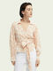 Scotch & Soda Женска блуза памучна Дълъг ръкав с V-образно деколте Off White/Pink