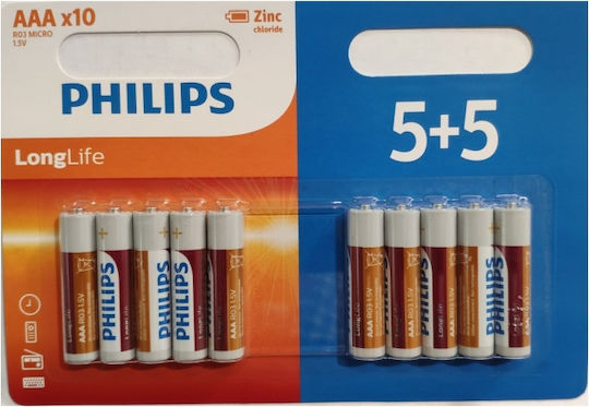 Philips 10 Pack Alkaline Batteries AAA LongLife 1.5V R03L10BP/10