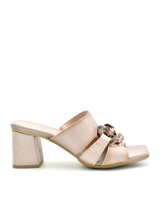 Nougat Nude Leather Mules with Chunky Low Heel Nougat Nude
