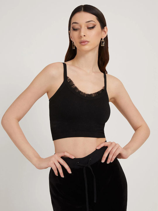 Guess Γυναικείο Crop Top Αμάνικο Καλοκαιρινό Μαύρο