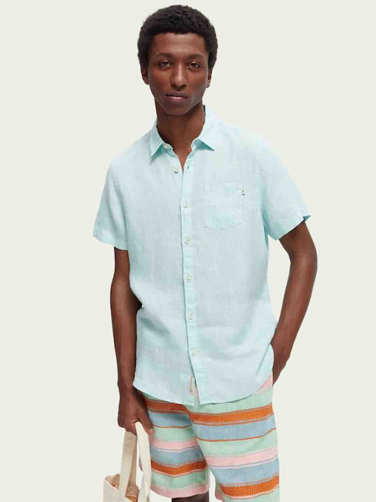 Scotch & Soda Herrenhemd Kurzärmelig Leinen Blau