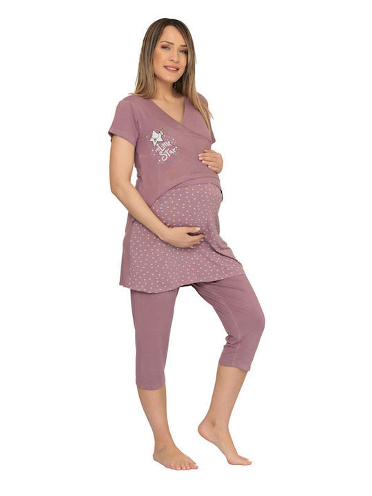 Πυζάμα εγκυμοσύνης - θηλασμού (36026) - Λιλά
