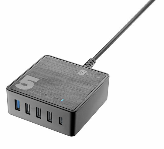 Cellular Line Ladestation mit 4 USB-A Anschlüsse und USB-C Anschluss 60W Stromlieferung / Schnellaufladung 3.0 in Blau Farbe (Desk Multipower 5)