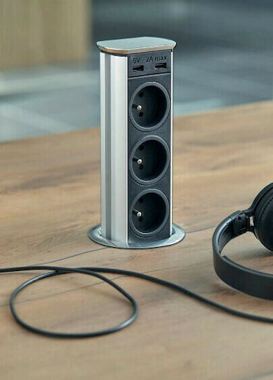 SFL Τριπλή Χωνευτή Πρίζα Ρεύματος με 2 Θύρες USB με Καπάκι Μαύρη