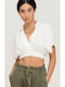 Emily Γυναικείο Καλοκαιρινό Crop Top Λινό Κοντομάνικο Λευκό