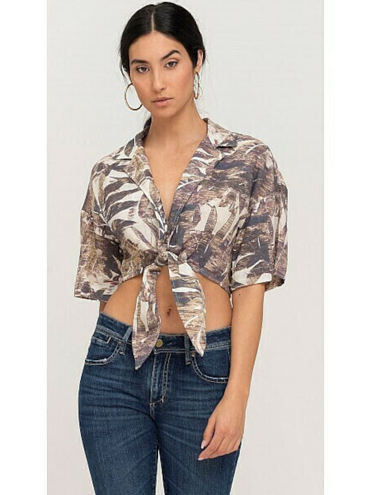 Aster Bluza Damă Crop Top De Vară Din In Mâneci Scurte Cu Decolteu În V Model Floral Bej/Maro 62-009.047.N0000
