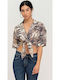 Aster Bluza Damă Crop Top De Vară Din In Mâneci Scurte Cu Decolteu În V Model Floral Bej/Maro 62-009.047.N0000